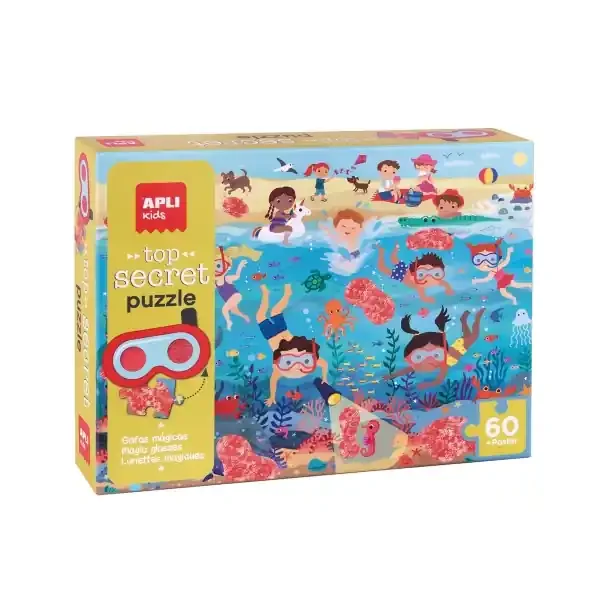 Apli Puzle Secreto Playa – Diseño Infantil Colorido – Piezas Resistentes y Seguras – Incluye Gafas Magicas y Poster Real – Mejora Habilidades y Autoestima