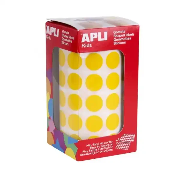 Apli Rollo de Gomets Redondos Adhesivo Permanente – 2.832 Gomets – Fomenta la Psicomotricidad – Adhesivo Base Agua – Color Amarillo