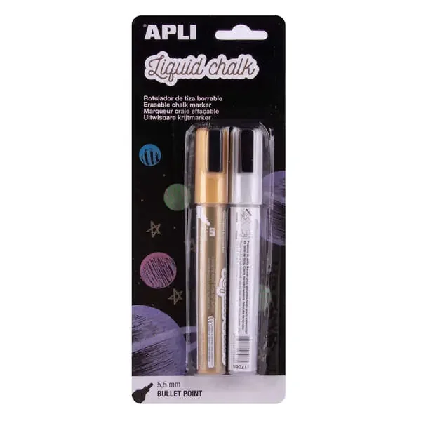 Apli Rotulador de Tiza Liquida Metalizado – Punta Redonda de 5.5mm – Ideal para Pizarras, Plastico, Ventanas, Ceramica, Vinilos, Metal, Etc, – Facil de Borrar – Secado Rapido – Uso Sencillo