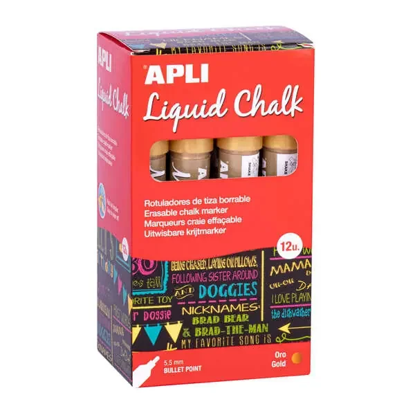 Apli Rotulador de Tiza Liquida Oro – Punta Redonda – Ideal para Pizarras, Plastico, Ventanas, Ceramica, Vinilos, Metal, Etc – Facil de Borrar – Secado Rapido – Uso Sencillo – Base Agua Libre de Toxicos