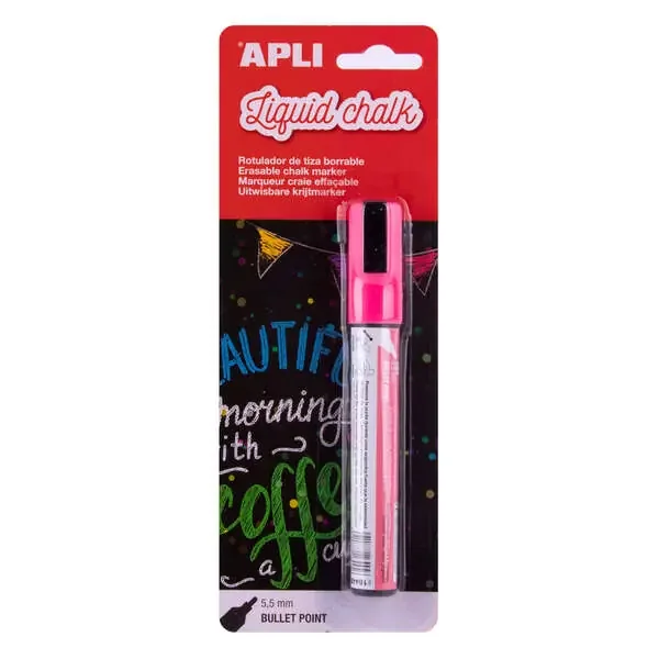 Apli Rotulador de Tiza Liquida Rosa – Punta Redonda de 5.5mm – Ideal para Pizarras, Plastico, Ventanas, Ceramica, Vinilos, Metal, Etc – Facil de Borrar con Paño Humedo – Secado Rapido y Libre de Toxicos
