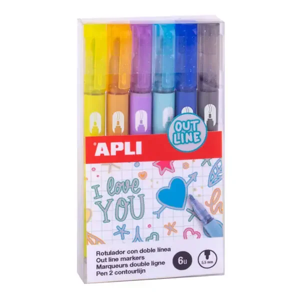 Apli Rotuladores Doble Linea – 5.5mm – Base de Alcohol – Pack 6 Colores – Escritura Interior Plata con Contorno de Color – Ideal para Decoracion – 4g de Tinta por Rotulador – Caja 70x135x15mm