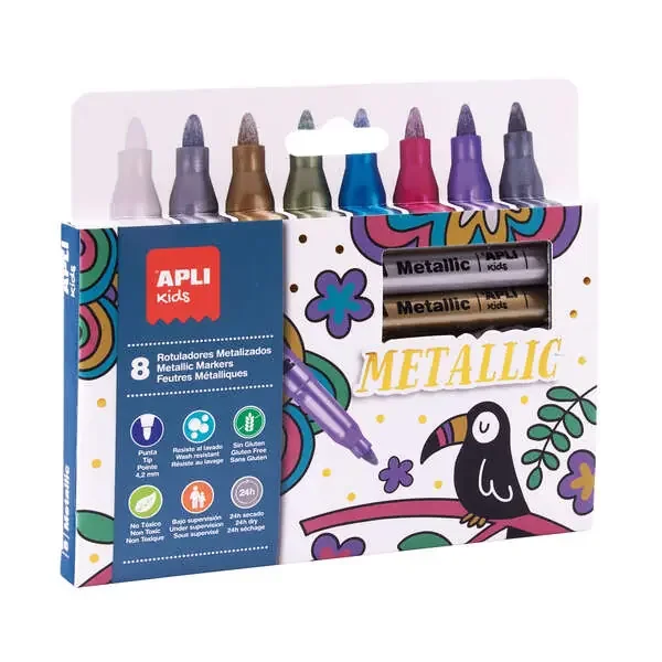 Apli Rotuladores Metalizados – Ø 11×147 mm – Cuerpo Redondo y Punta de Ø 4.2 mm – Ideal para Decorar en Papel, Carton, Ceramica, Plasticos, Madera, Cristal, Etc – Limpieza Facil con Paño Humedo – Tinta de Larga Duracion