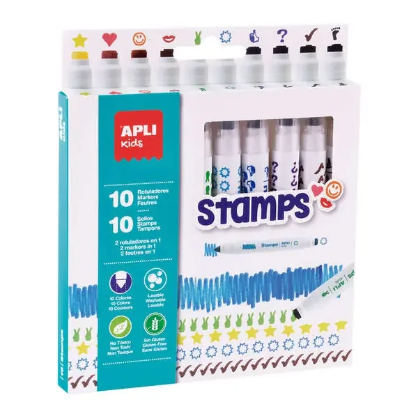 Apli Rotuladores Stamps – Ø 14.4×137 mm – Doble Punta con Sello y Color – 10 Colores/Sellos Diferentes – Cuerpo Cilindrico y Puntas Bloqueadas de Ø 7.5 mm – Capuchon Anti Asfixia – Tinta de Larga Duracion