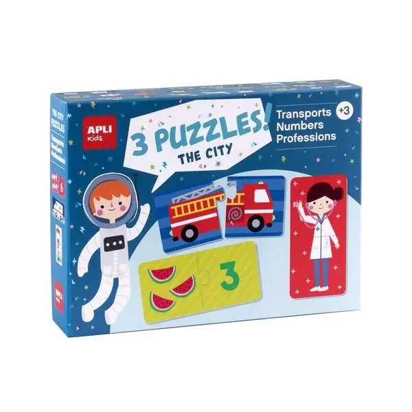 Apli Set de 3 Puzzles Transporte, Profesiones y Numeros – 24 Piezas por Puzzle, 72 Piezas Total – Tamaño 7 x 7 cm