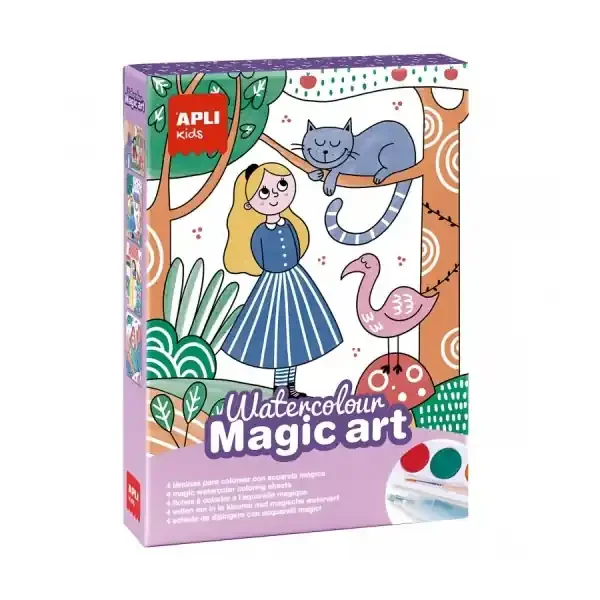 Apli Set de Coloreado Magico – Incluye 4 Laminas Ilustradas – 6 Pastillas de Acuarela – Pincel – Goma – Rotulador Magico – Fichas Guia
