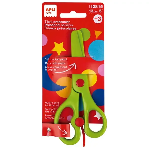 Apli Tijera Preescolar Ergonomica – Tamaño 13cm – Muelle para Apertura Facil – Hojas de Plastico – Punta Redondeada – Ideal para Niños de 3+ – Color Verde