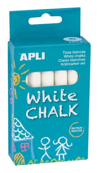Apli Tizas Blancas Redondas – Pack de 10 – Tamaño Ø 9 x 80mm – Bajo en Residuo y sin Polvo – Ideal para Escribir, Dibujar y Colorear en Pizarras y Pavimentos – Uso Escolar (12 uds)