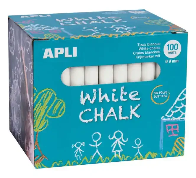 Apli Tizas Blancas Redondas – Pack de 100 Unidades Tamaño Ø 9 x 80mm – Ideales para Escribir, Dibujar y Colorear en Pizarras y Pavimentos – Aptas para Uso Escolar