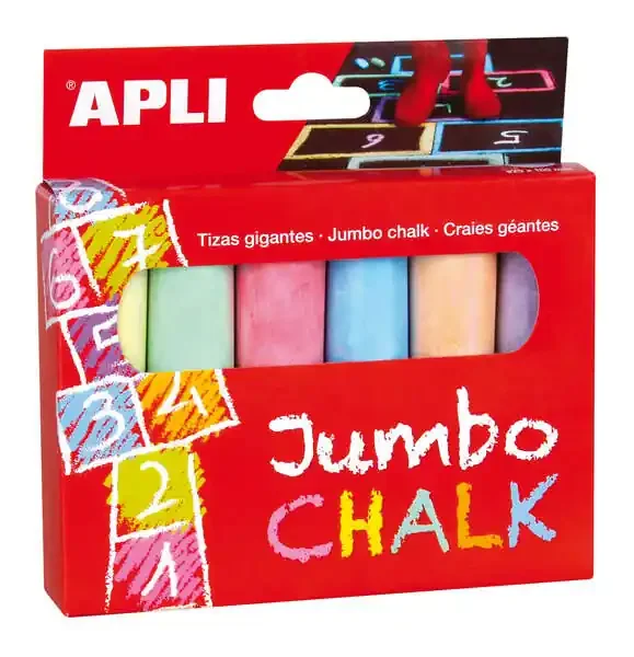 Apli Tizas Redondas Jumbo de Colores Surtidos – Tamaño Ø 25 x 105mm – Fabricadas con Sulfato de Calcio Bajo en Residuo – Ideales para Escribir, Dibujar y Colorear en Pizarras y Pavimentos – Aptas para Uso Escolar