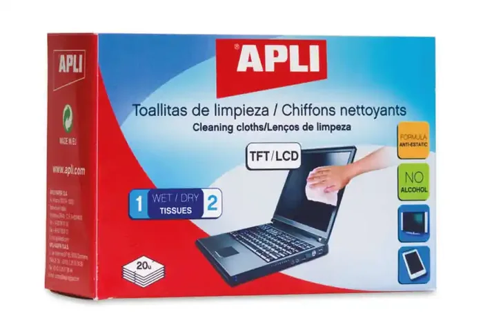 Apli Toallitas de Limpieza para Equipos Electronicos – Propiedades Antiestaticas – Incluye 20 Sobres con Toallita Humeda y Seca – sin Alcohol