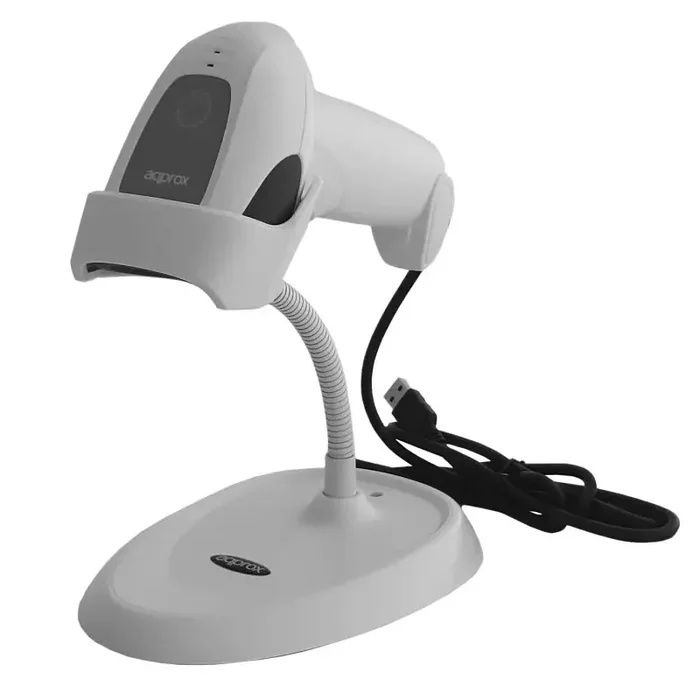 Approx Lector de Codigos de Barras 1D USB con Soporte – Indicador LED, Beeper – Velocidad 300 veces por Segundo – Color Blanco