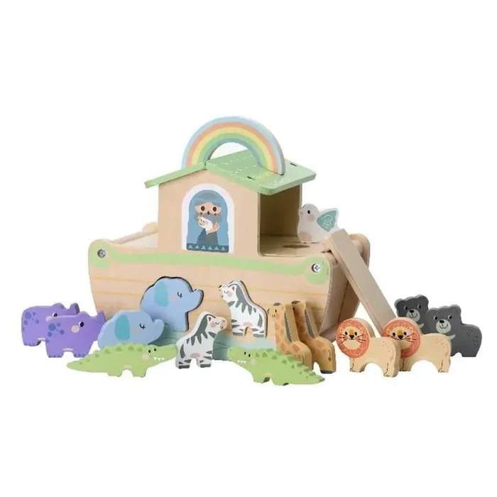 Arca de Noe juguete de madera con 18 figuras de animales que puedes guardar dentro edad +24meses 21x23x16cm