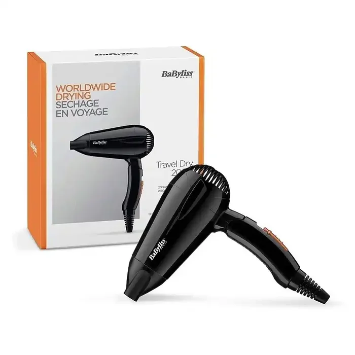 BaByliss 5344E Secador de viaje plegable con 2000W de potencia, 2 velocidades y temperaturas 230V-125V ligero 318 g, boquilla co