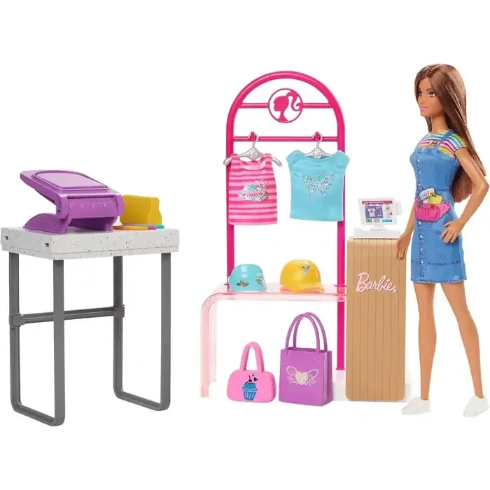 Barbie Boutique Diseña y Vende Muñeca Morena con Tienda de Ropa Personalizable y Accesorios, edad +3 años Mattel HKT78
