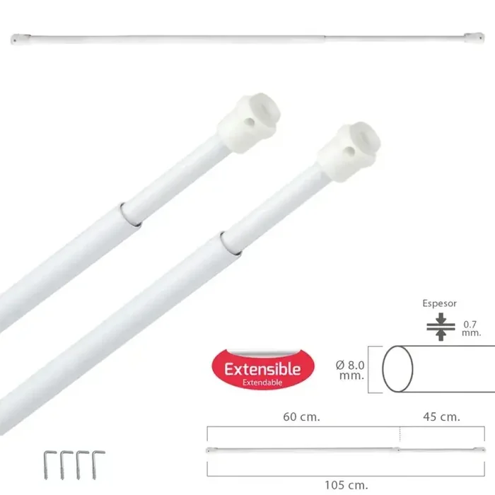 Barra Visillo Extensible 60/105 cm. con Muelle Presión, Soportes y Ventosas (2 Piezas)