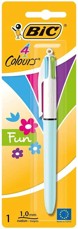 Bic 4 Colours Fun Boligrafo de Bola Retractil – Punta Media de 1.0mm – Tinta con Base de Aceite – Tinta de Colores Rosa, Morado, Turquesa y Verde Lima