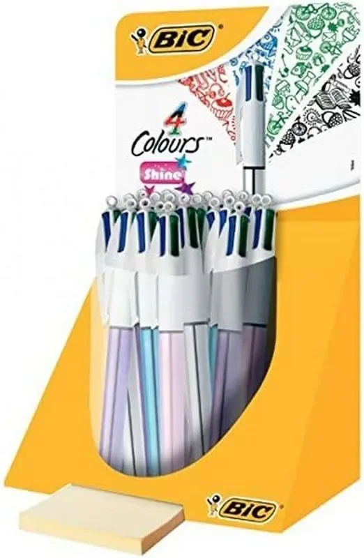 Bic 4 Colours Shine Expositor de 20 Boligrafos de Bola Retractil – Punta Media de 1.0mm – Tinta con Base de Aceite – Cuerpo de Colores Metalicos Surtidos – 4 Colores