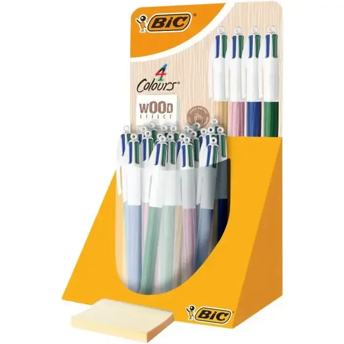 Bic 4 Colours Wood Style Expositor de 30 Boligrafos de Bola Retractiles – Punta Media de 1.0mm – Tinta con Base de Aceite – Diseño Madera – 4 Colores