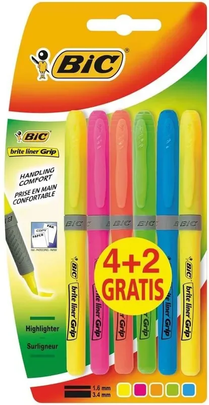 Bic Brit Liner Grip 4+2 Pack de 6 Marcadores Fluorescentes – Tinta con Base de Agua – Punta Biselada – Trazo entre 1.60 y 3.30mm – Colores Surtidos
