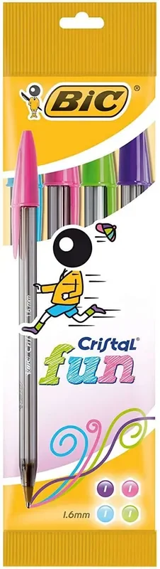 Bic Cristal Fun Pack de 4 Boligrafos de Bola – Punta Redonda de 1.6mm – Trazo 0.42mm – Tinta con Base de Aceite – Colores Surtidos