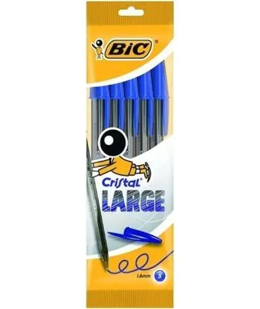 Bic Cristal Large Pack de 5 Boligrafos de Bola – Punta Redonda de 1.6mm – Trazo 0.6mm – Tinta con Base de Aceite – Color Azul