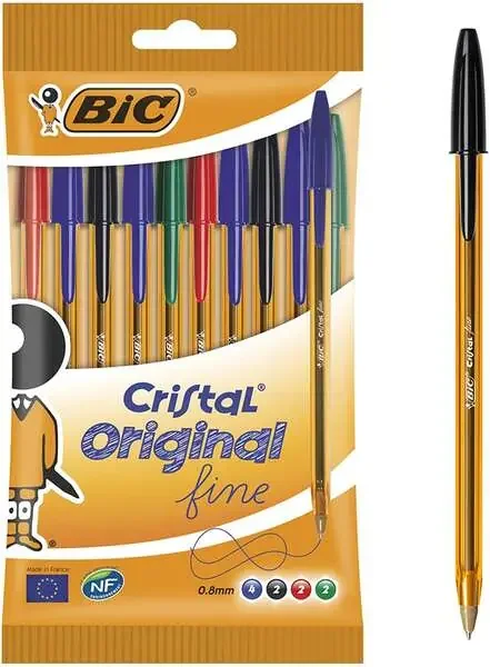 Bic Cristal Original Fine Pack de 10 Boligrafos de Bola – Punta Redonda de 0.8mm – Trazo de 0.30mm – Tinta con Base de Aceite – Translucido – Colores Surtidos