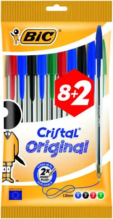 Bic Cristal Original Pack de 10 Boligrafos de Bola – Punta Redonda de 1.0mm – Trazo 0.4mm – Tinta con Base de Aceite – Colores Surtidos