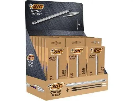 Bic Cristal Re´new Expositor de 21 Boligrafos de Bola con Cuerpo Metalico + 2 Recambios – 15 Tinta Azul y 6 Tinta Negra – Punta Media de 1.0mm – Tinta con Base de Aceite – Color Azul