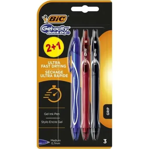 Bic Gel-Ocity Quick Dry 2+1 Pack de 3 Boligrafos Retractiles – Grip de Goma – Punta Media de 0.7mm – Secado Ultra Rapido – No Mancha el Papel – Colores Surtidos