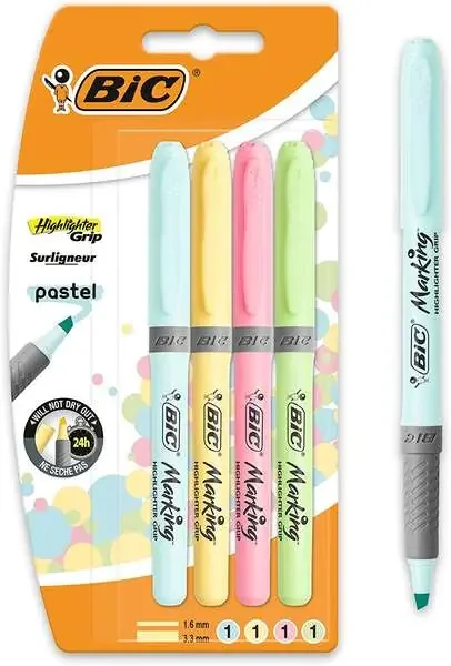 Bic Highlighter Grip Pack de 4 Marcadores Fluorescentes Pastel – Tinta con Base de Agua – Punta Biselada – Trazo entre 1.60 y 3.30mm – Colores Surtidos