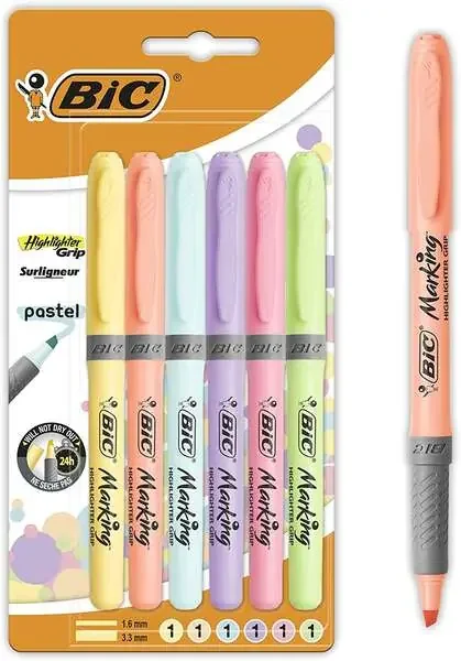 Bic Highlighter Grip Pack de 6 Marcadores Fluorescentes Pastel – Tinta con Base de Agua – Punta Biselada – Trazo entre 1.60 y 3.30mm – Colores Surtidos