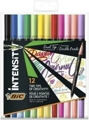 BIC INTENSITY DUAL TIP PACK DE 12 ROTULADORES DOBLE PUNTA – PUNTA DE PINCEL + PUNTA FINA – TINTA CON BASE DE AGUA – COLORES CLASICOS Y PASTEL SURTIDOS