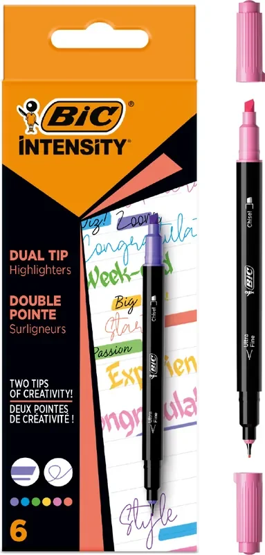 Bic Intensity Dual Tip Pack de 6 Rotuladores Doble Punta – Punta de Biselada + Punta Fina 0.04mm – Tinta con Base de Agua – Colores Surtidos
