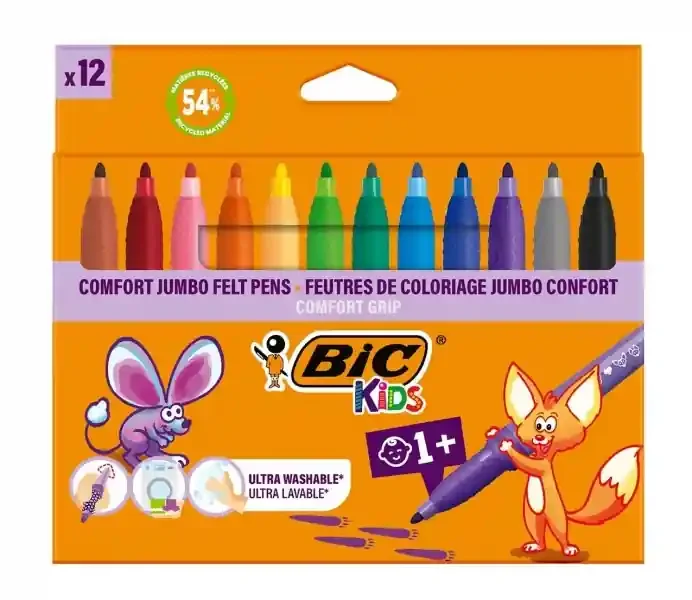 BIC Kids Comfort Jumbo Pack de 12 Rotuladores con Tinta Lavable – Facil de Limpiar – Agarre Antideslizante – Colores Surtidos
