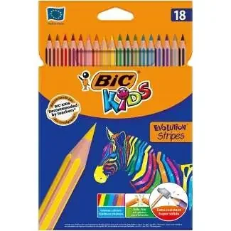 Bic Kids Evolution Stripes Caja de 18 Lapices de Colores surtidos – Fabricados en Resina – Punta Ultraresistente – Mina Pigmentada de 3.20 mm