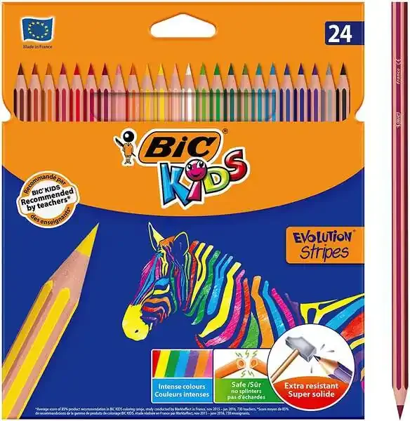 Bic Kids Evolution Stripes Caja de 24 Lapices de Colores surtidos – Fabricados en Resina – Punta Ultraresistente – Mina Pigmentada de 3.20 mm