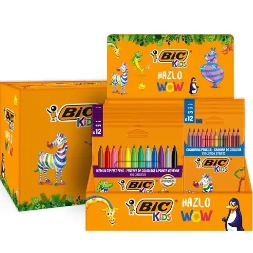 Bic Kids Expositor de 12 Packs de 12 Rotuladores Couleur + 12 Packs de 12 Lapices de Colores Evolution Stripes – Colores Surtidos