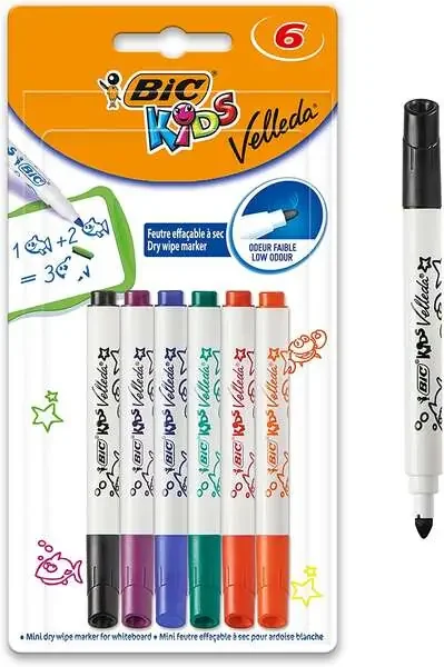 Bic Kids Mini Velleda Pack de 6 Rotuladores para Pizarra – Punta Bloqueada – Tinta con Base de Alcohol – Borrado Optimo – Colores Surtidos
