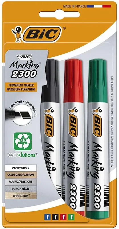 Bic Marking 2300 Ecolutions Pack de 4 Rotuladores Permanentes – Punta Biselada – Tinta con Base de Alcohol – Ecologico – Colores Surtidos