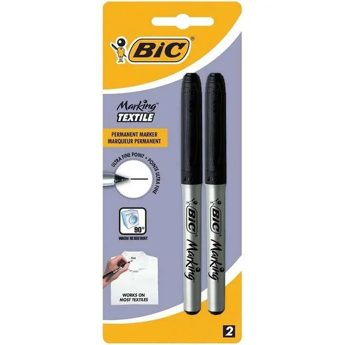 Bic Marking Textile Pack de 2 Rotuladores Permanentes para Ropa – Punta Ultrafina 0.9mm – Lavados hasta 90º – Tinta con Base de Alcohol – Color Negro
