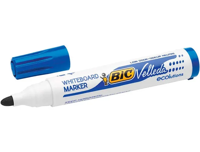 Bic Velleda 1701 ECOlutions Marcadores para Pizarra – Punta Redonda – Trazo de 1.5 mm – Tinta con Base de Alcohol – Ecologico – Borrado Optimo – Color Azul (12 uds)