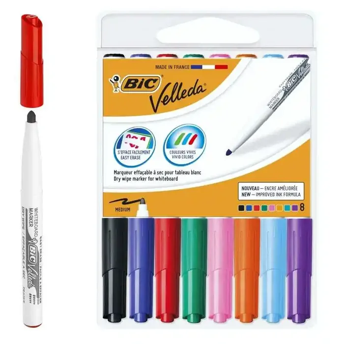 Bic Velleda 1741 Pack de 8 Rotuladores para Pizarra – Punta Media – Trazo de 1.4mm – Borrado Optimo – Colores Surtidos