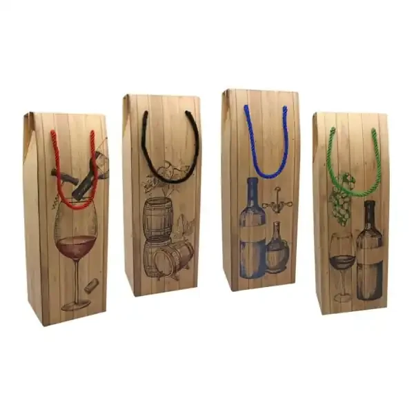 Bismark Caja/Bolsa de Carton con Asa para Botellas – Acabado Efecto Madera – Medidas 12,5x10x36cm – 4 Diseños Surtidos (12 uds)