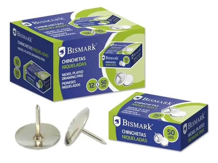 Bismark Caja de 50 Chinchetas Niqueladas – Planas – Resistencia Alta – Acabado Brillante – Color Plata