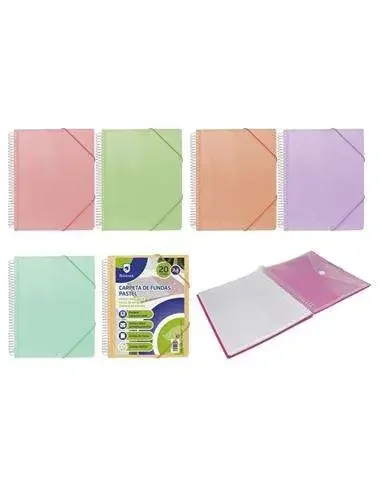 Bismark Carpeta Espiral 20 Fundas Transparentes – Polipropileno – Tamaño A4 – Espiral Plastica Indeformable – Apertura 360 Grados – Gomas de Cierre – Colores Pastel (12 uds)