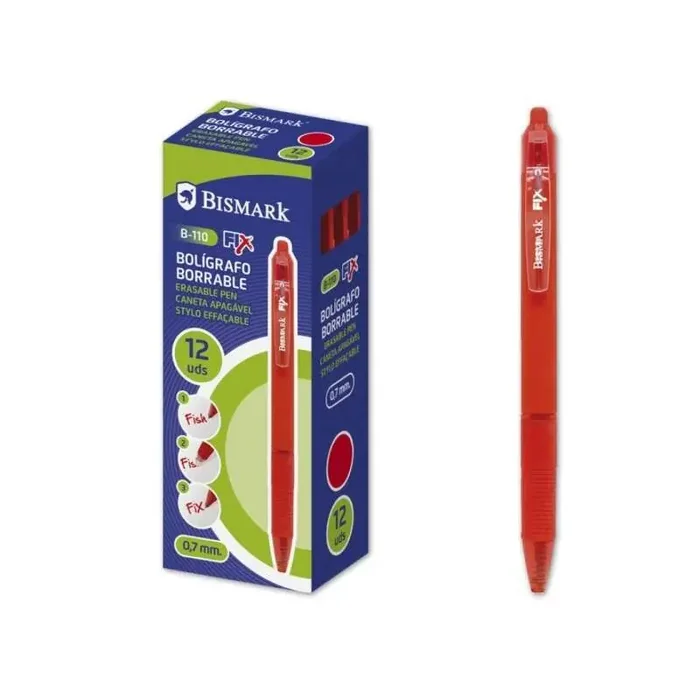 Bismark Fix Boligrafo Retractil Borrable – Punta Fina 0.7mm – Con Clip – Color Rojo