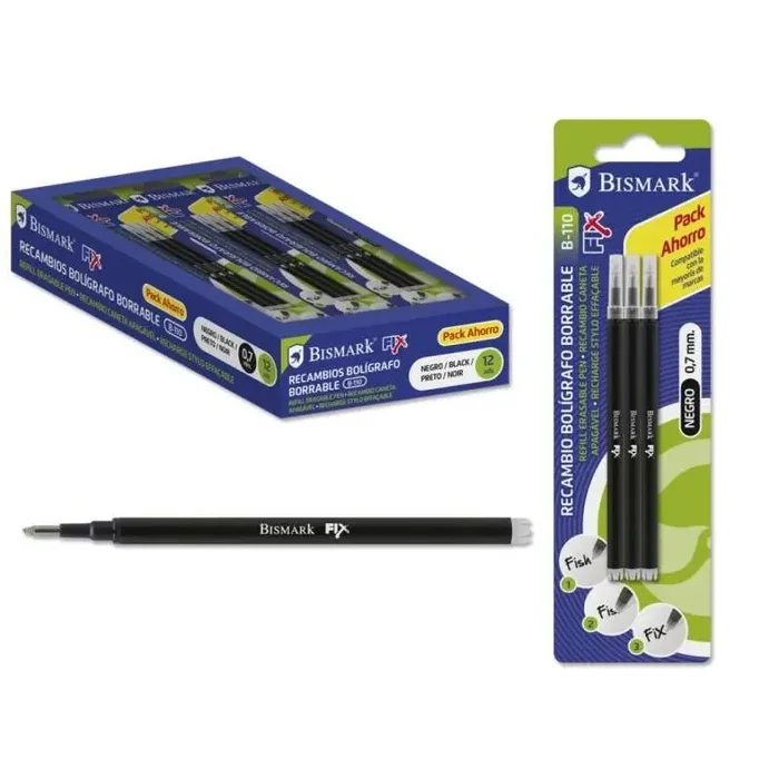 Bismark Fix Pack de 3 Recambios para Boligrafo Borrable – Punta Fina 0.7mm – Color Negro