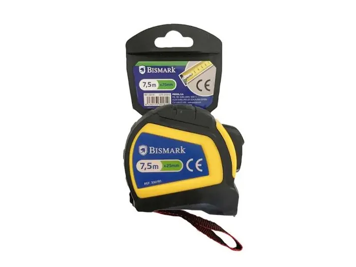 Bismark Flexometro 7.5m Carcasa Reforzada Extra Fuerte de Goma – Freno y Cinta para Colgar – Color Negro