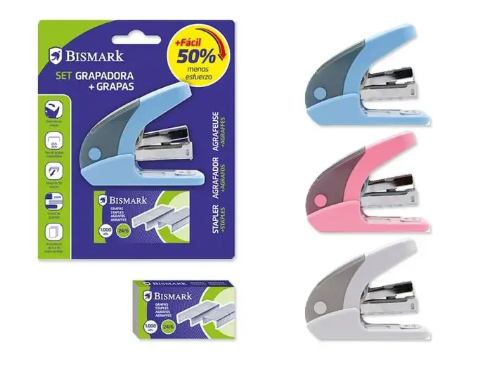 Bismark Grapadora sin Esfuerzo – Sistema Revolucionario – 50% Menos Esfuerzo – Incluye Grapas – Colores Surtidos